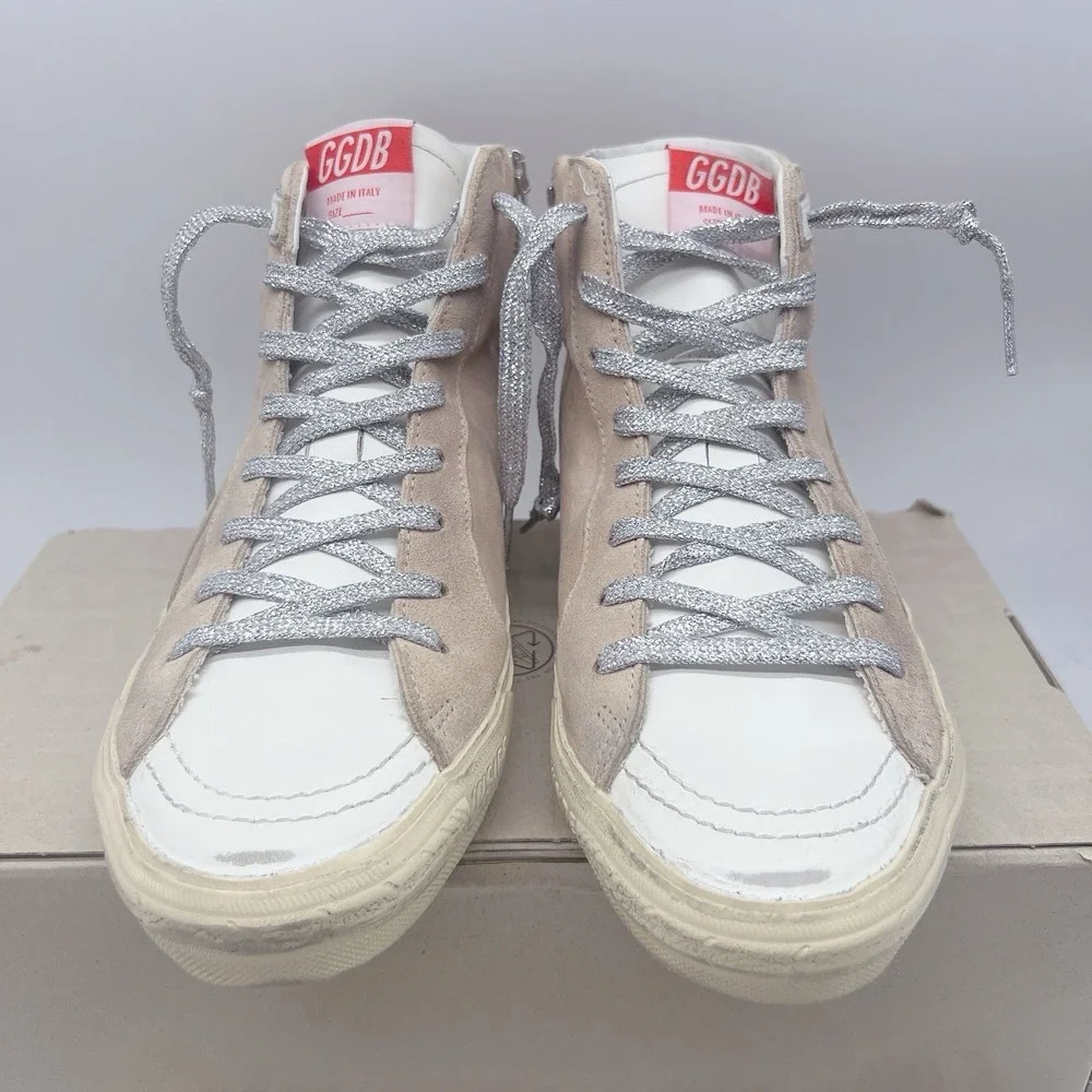 Golden Goose Slide High Top Glitter Distressed Sneakers Pink White Suede EU 39 - Picture 4 of 14